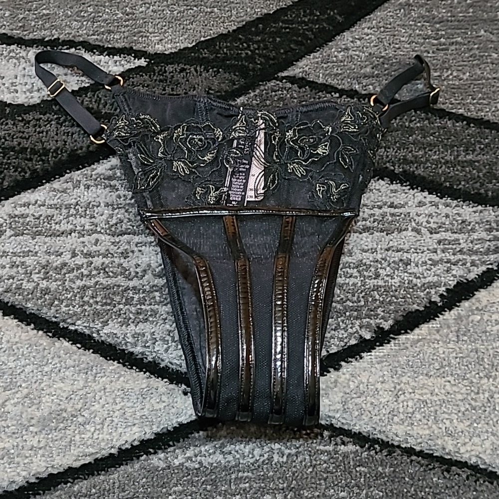 VS MIDNIGHT AFFAIR EMBROIDERED MESH GOLD ROSES FAUX LEATHER BRAZILIAN PA…